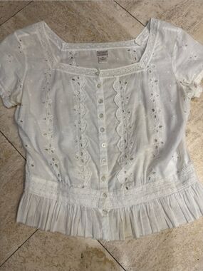 Lucky Brand Off White Eyelet Lace Trim Button-Front Peasant Blouse